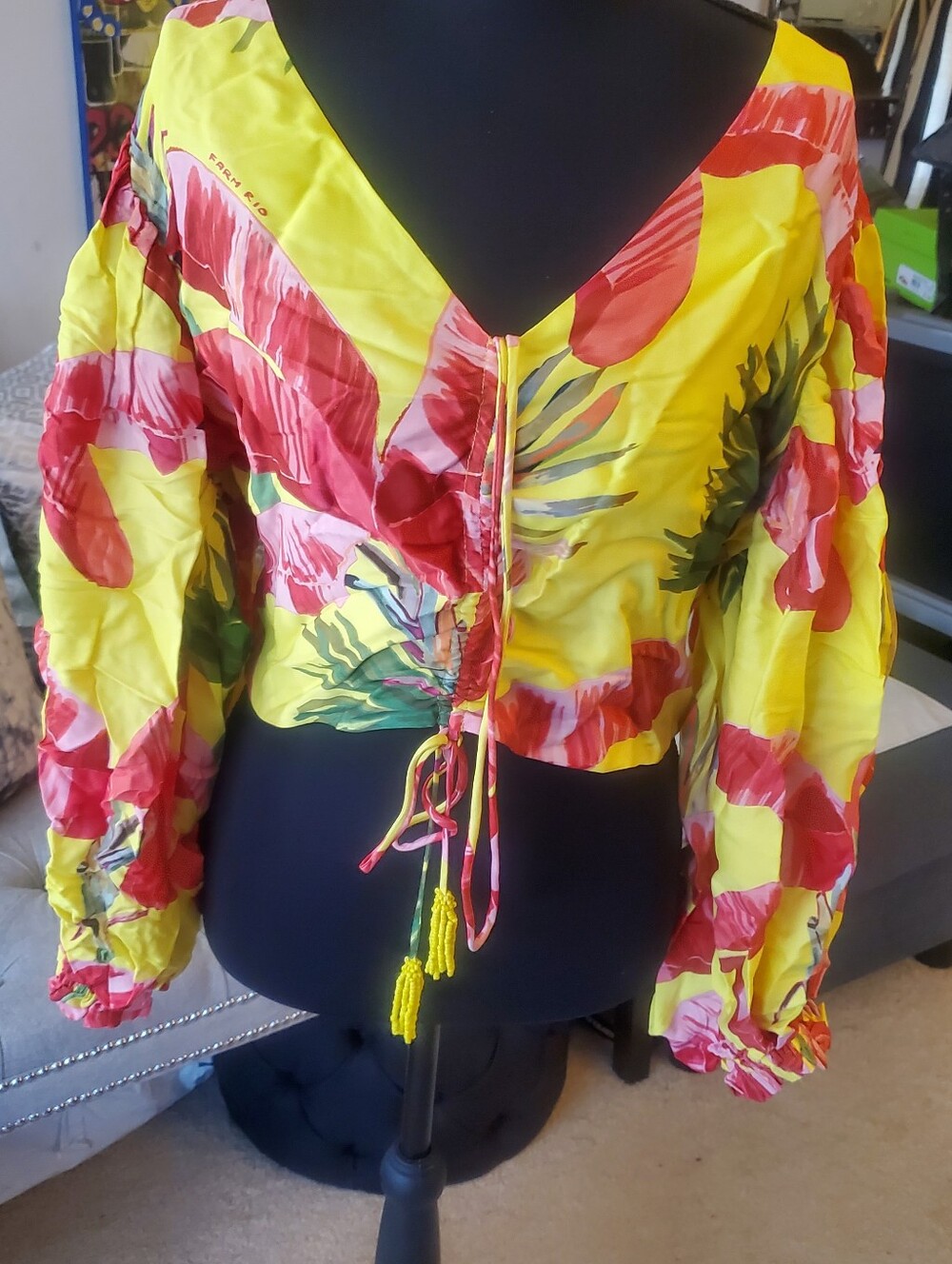 FARM RIO Bright Floral Tie-Front Cropped Blouse - Yellow,  Red, Pink and Green